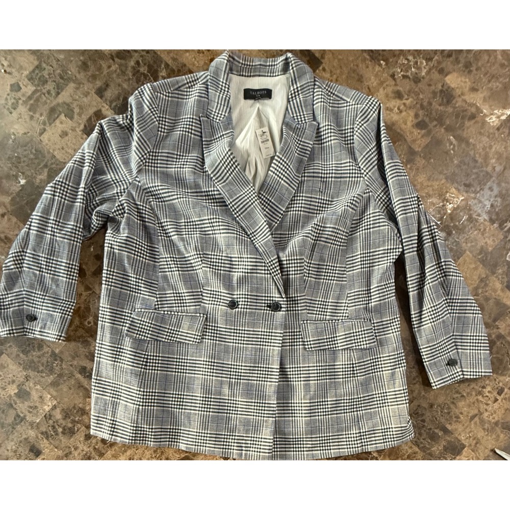 Talbots Plus Womens 18W Blue White Glen Plaid Double Breasted Blazer NWT